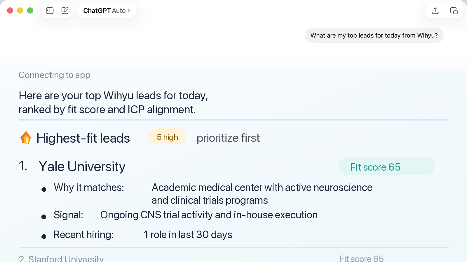 AI assistant showing Wihyu-ranked lead recommendations with fit scores and hiring signals