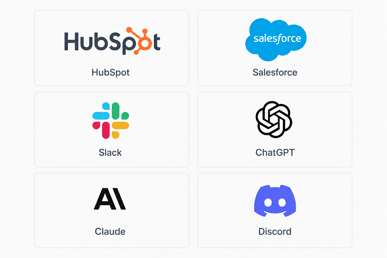 Integration logos for HubSpot, Salesforce, Slack, ChatGPT, Claude and Discord